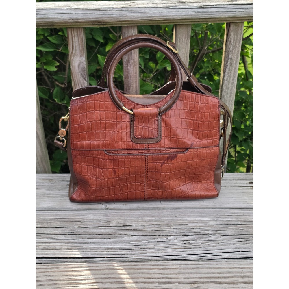 Hobo Heidi Croc Embossed Leather Satchel Crossbody Brandy Cognac Bag Handbag